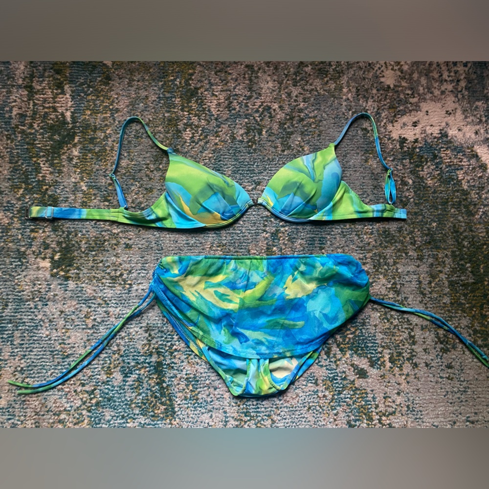 Vintage 90s Venus lagoon padded underwire mesh skirted bikini, size 12 C - Picture 2 of 16